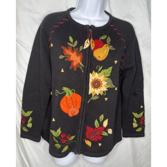 Tiara Fall Cardigan Sweater Pumpkin Leaves Flowers Bead Embellished Small Vintag - Picture 1 of 9